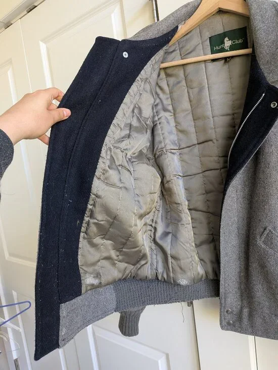 Vintage Hunt Club Wool Jacket Men M Gray Collared Bomber Jacket Made in USA - Picture 13 of 16